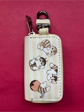 Beige Cat Print Key Pouch with Clip